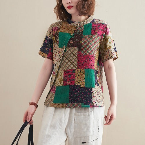 Linen Printing And Dyeing Patch Shirt Women Loose Casual