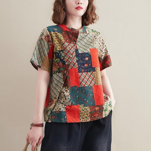 Linen Printing And Dyeing Patch Shirt Women Loose Casual