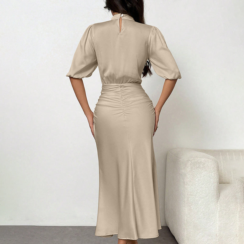 Women's Short Sleeve Mock Neck Ruched Midi Dress Slim Fit Elegant Party Dress