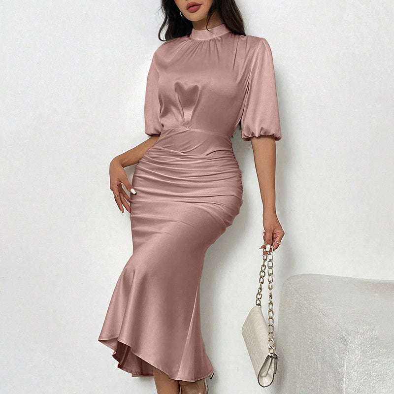 Women's Short Sleeve Mock Neck Ruched Midi Dress Slim Fit Elegant Party Dress