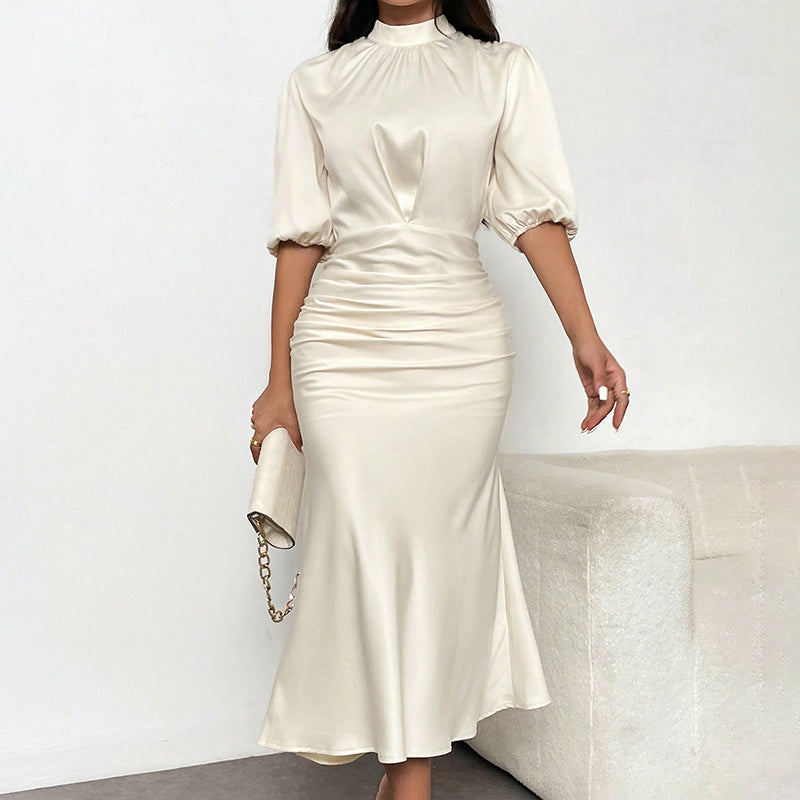 Women's Short Sleeve Mock Neck Ruched Midi Dress Slim Fit Elegant Party Dress