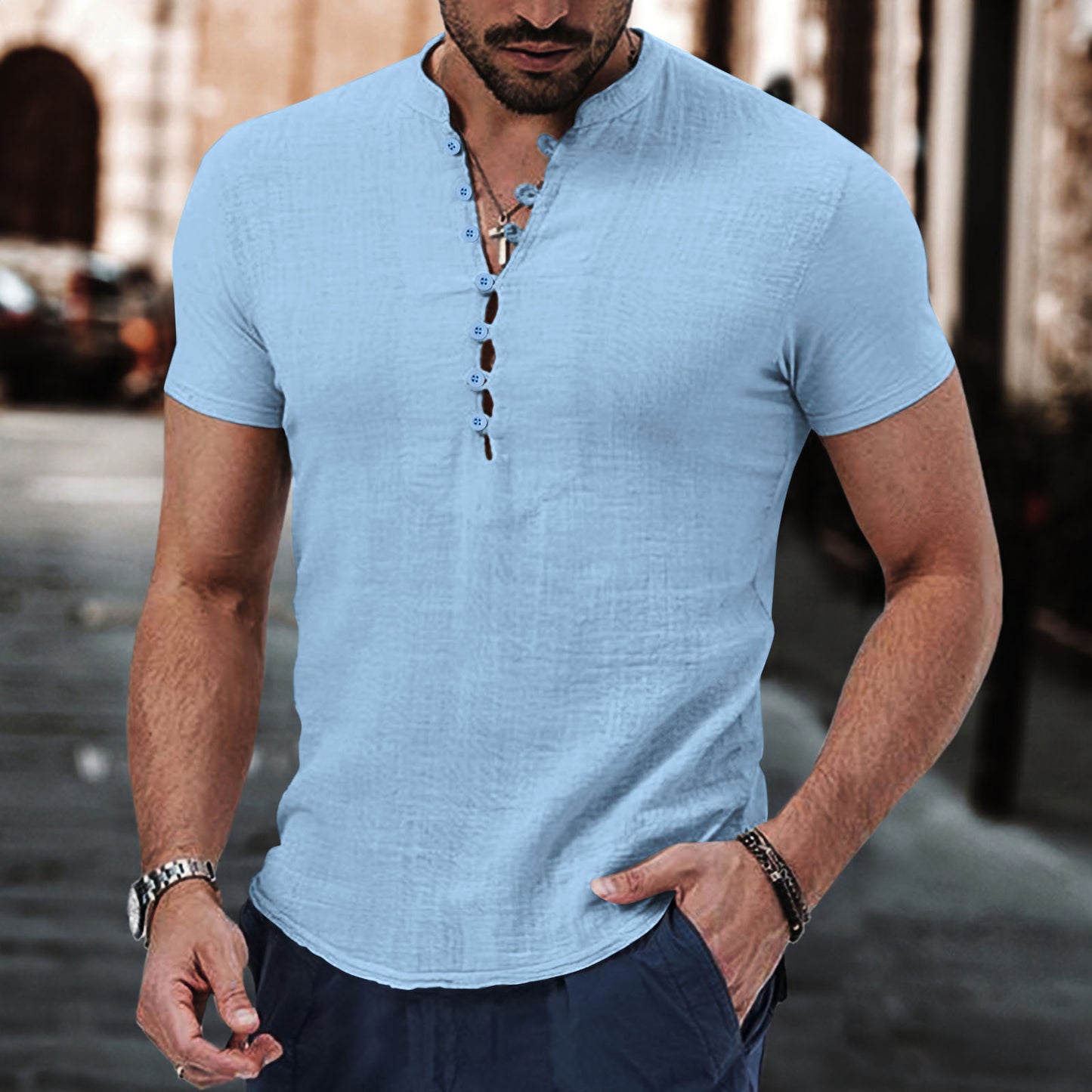 Men's Linen Leisure V-neck Shirt