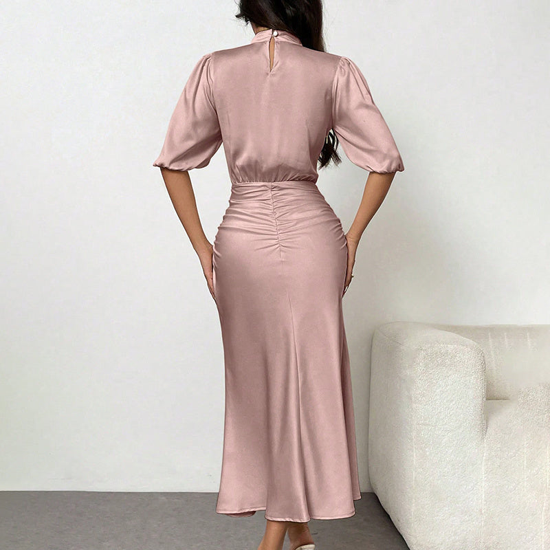 Women's Short Sleeve Mock Neck Ruched Midi Dress Slim Fit Elegant Party Dress