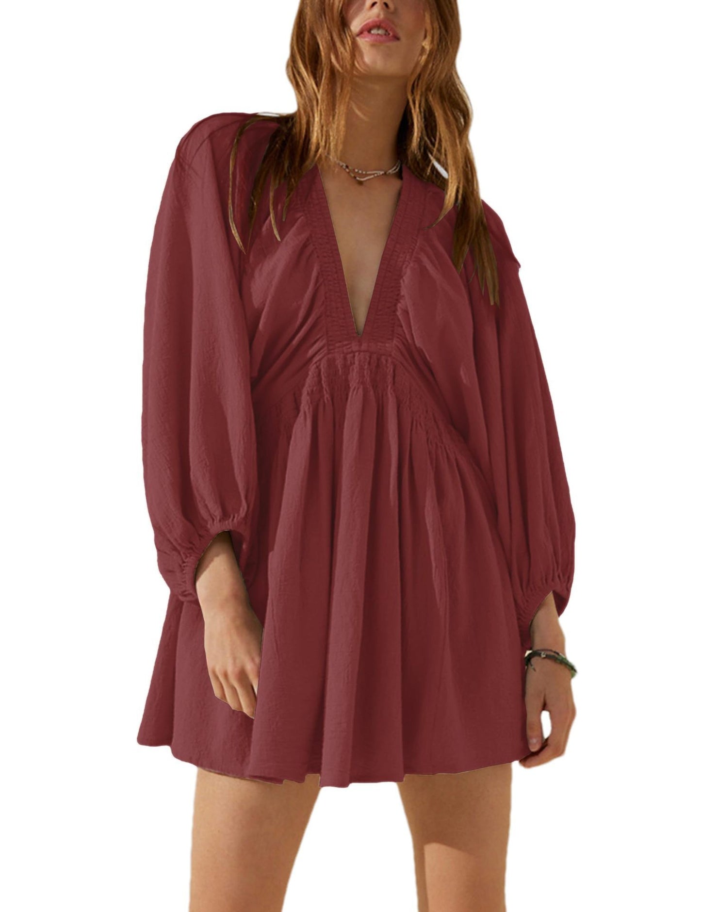 V-neck Long Sleeve Smocking Pleated Dress