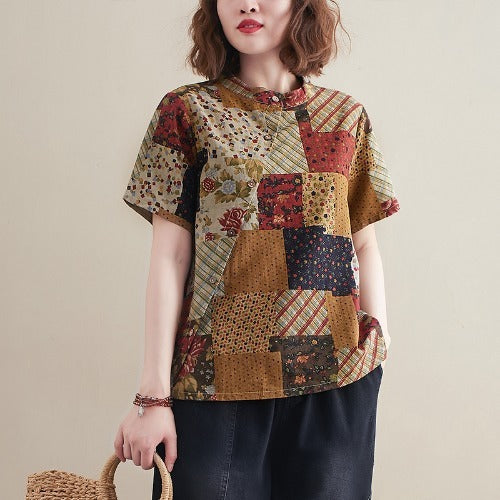 Linen Printing And Dyeing Patch Shirt Women Loose Casual