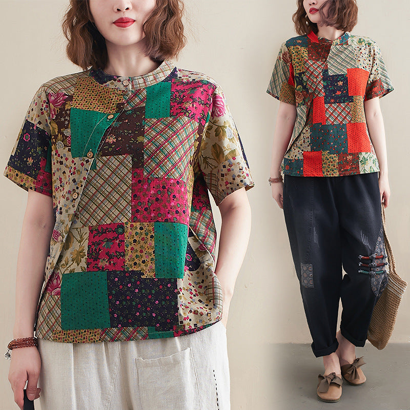 Linen Printing And Dyeing Patch Shirt Women Loose Casual