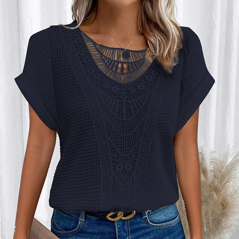 Women's Lace Splicing Short Sleeve Crew Neck T-Shirt Summer Loose Fit Casual Tee Top