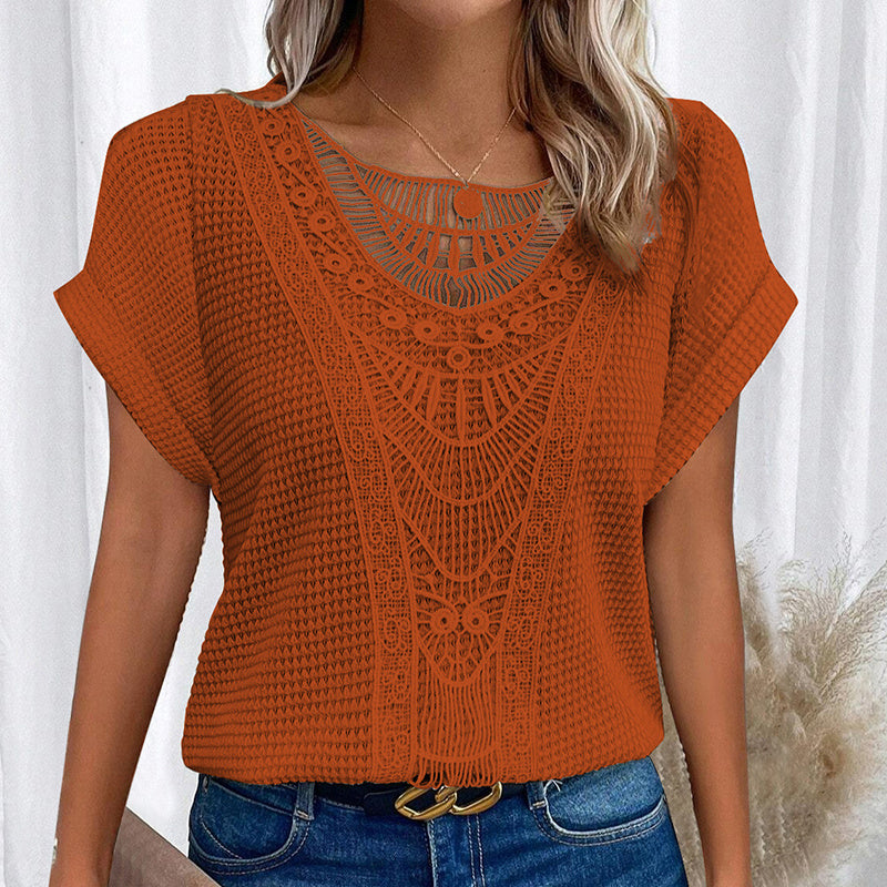 Women's Lace Splicing Short Sleeve Crew Neck T-Shirt Summer Loose Fit Casual Tee Top