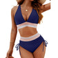 High Waisted Bikini Set With Color Blocking Drawstring Swimsuit