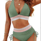 High Waisted Bikini Set With Color Blocking Drawstring Swimsuit