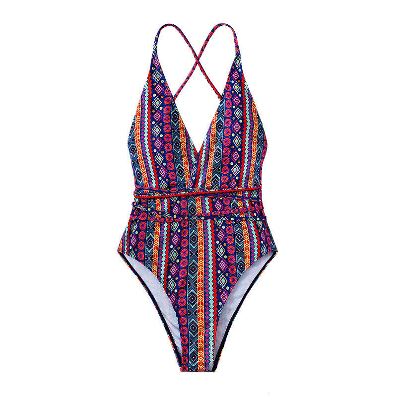 New Bohemian Swimsuit Deep V Strap One-piece Swimsuit For Women
