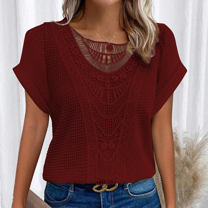 Women's Lace Splicing Short Sleeve Crew Neck T-Shirt Summer Loose Fit Casual Tee Top
