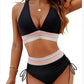 High Waisted Bikini Set With Color Blocking Drawstring Swimsuit