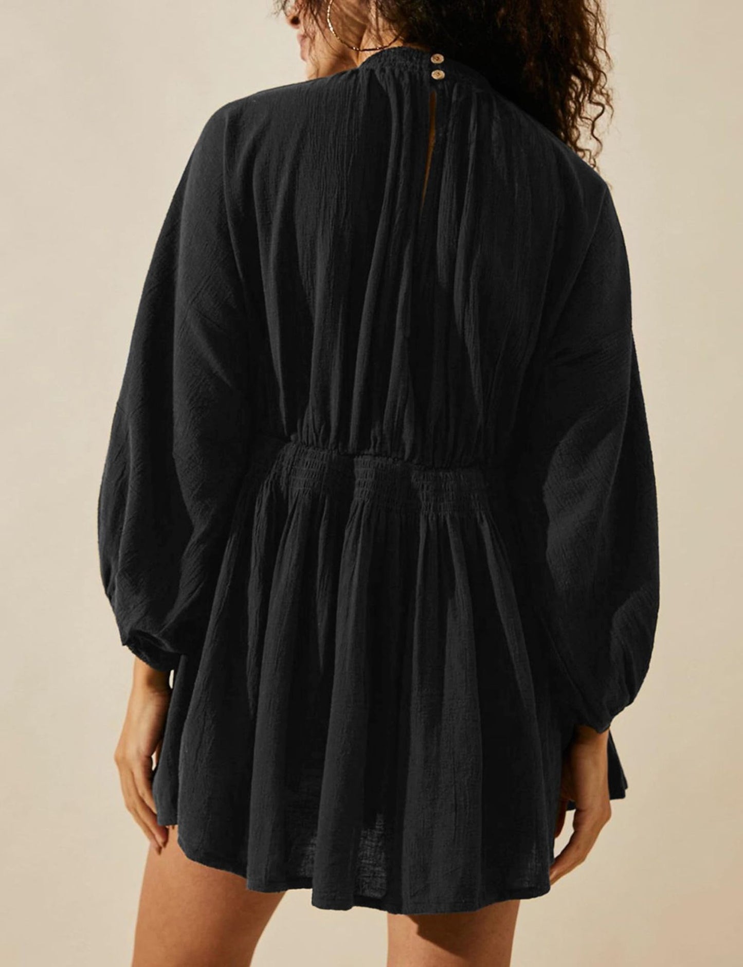 V-neck Long Sleeve Smocking Pleated Dress