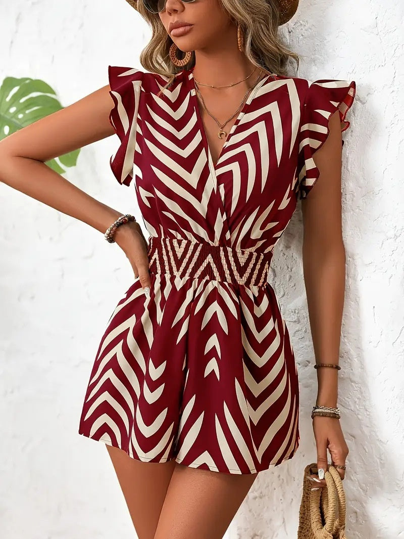 European And American Printed Overalls Women's V-neck Sleeveless Jumpsuit