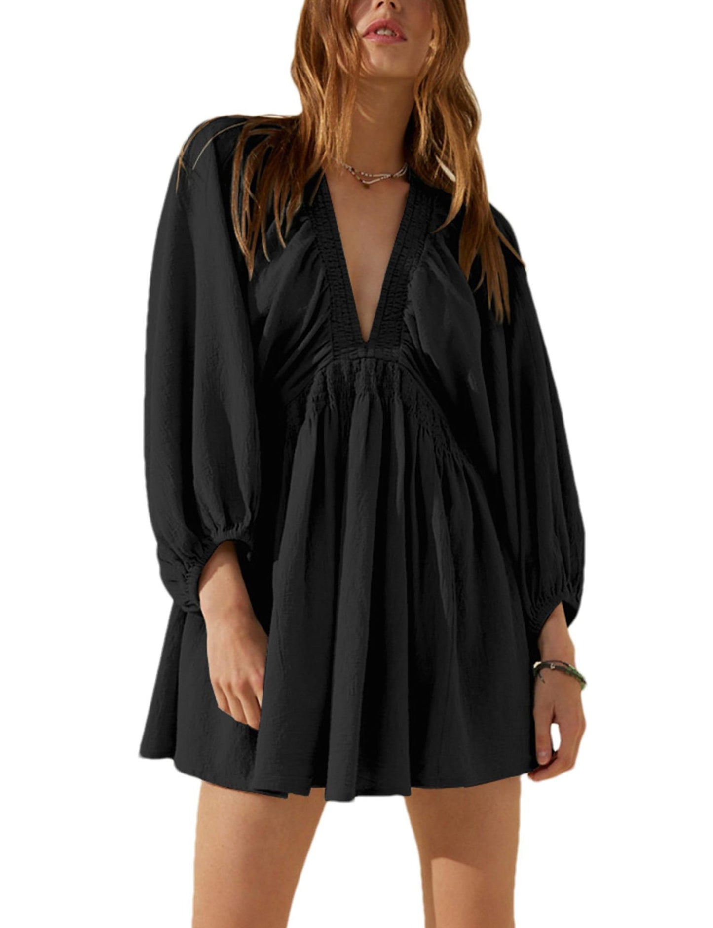 V-neck Long Sleeve Smocking Pleated Dress