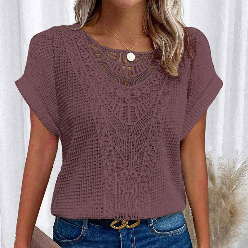 Women's Lace Splicing Short Sleeve Crew Neck T-Shirt Summer Loose Fit Casual Tee Top