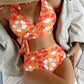 Lace Up Printed High Waisted Bikini Split Swimsuit For Women