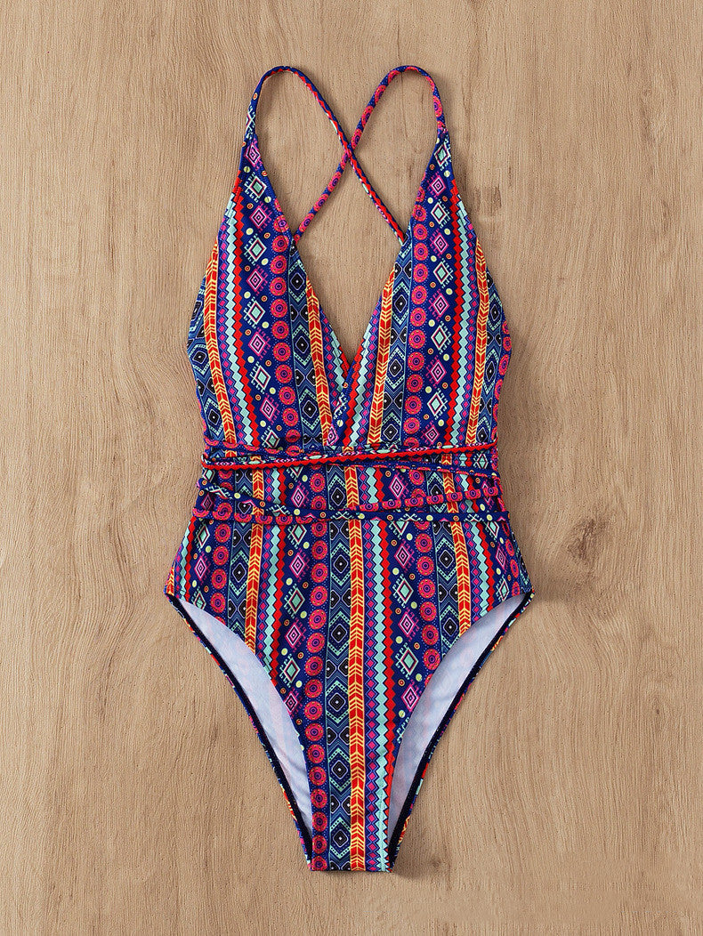 New Bohemian Swimsuit Deep V Strap One-piece Swimsuit For Women