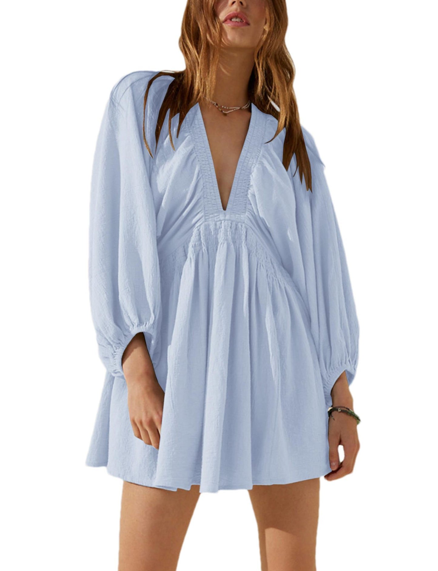 V-neck Long Sleeve Smocking Pleated Dress