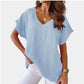 Solid Color Cotton And Linen Short-sleeved V-neck Shirt T-shirt For Women