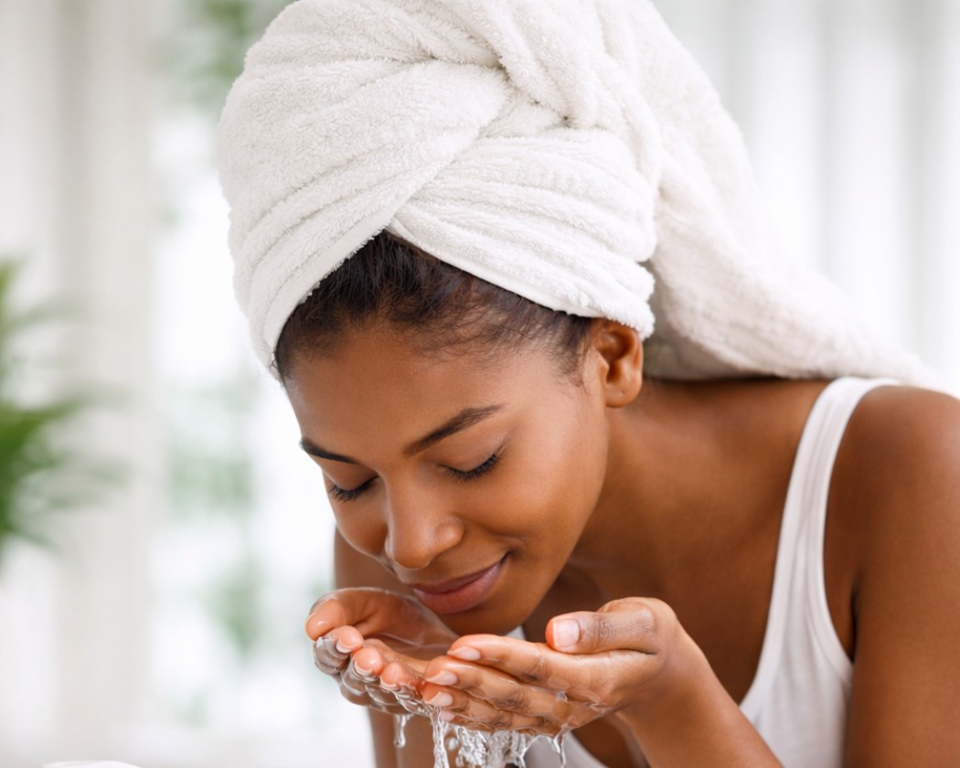 Woman applying cream to her face with a towel on her head, surrounded by skincare products.