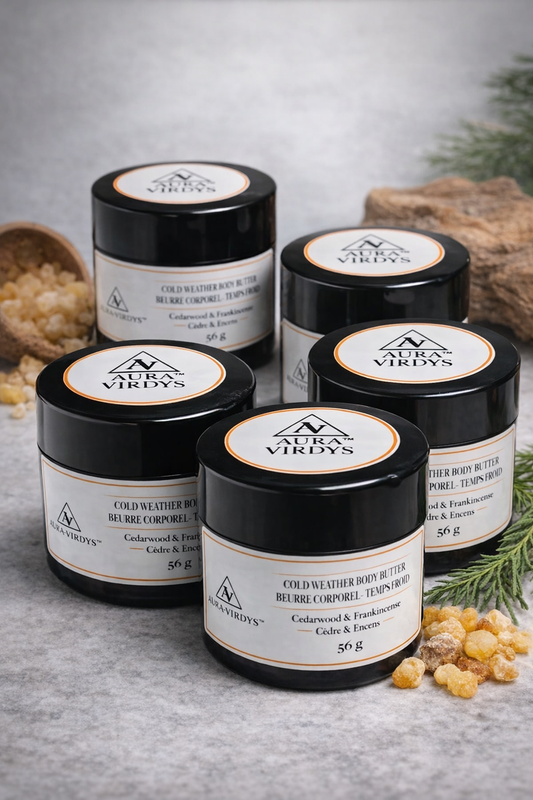 Jars of Ultra Viridis cold weather body butter on a gray surface with natural elements.