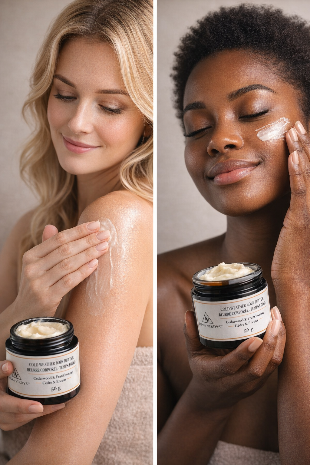 Two women applying a skincare product to their skin with jars of the product.