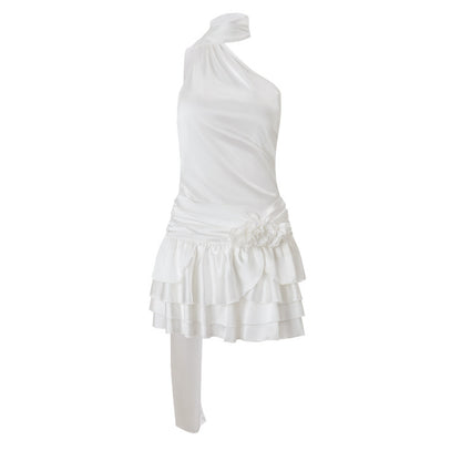 Women's Spring Sexy French Style Temperament High-grade Off-shoulder Satin Backless Dress