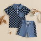 Boys' Lapel Plaid Short Sleeve T-shirt Shorts Set