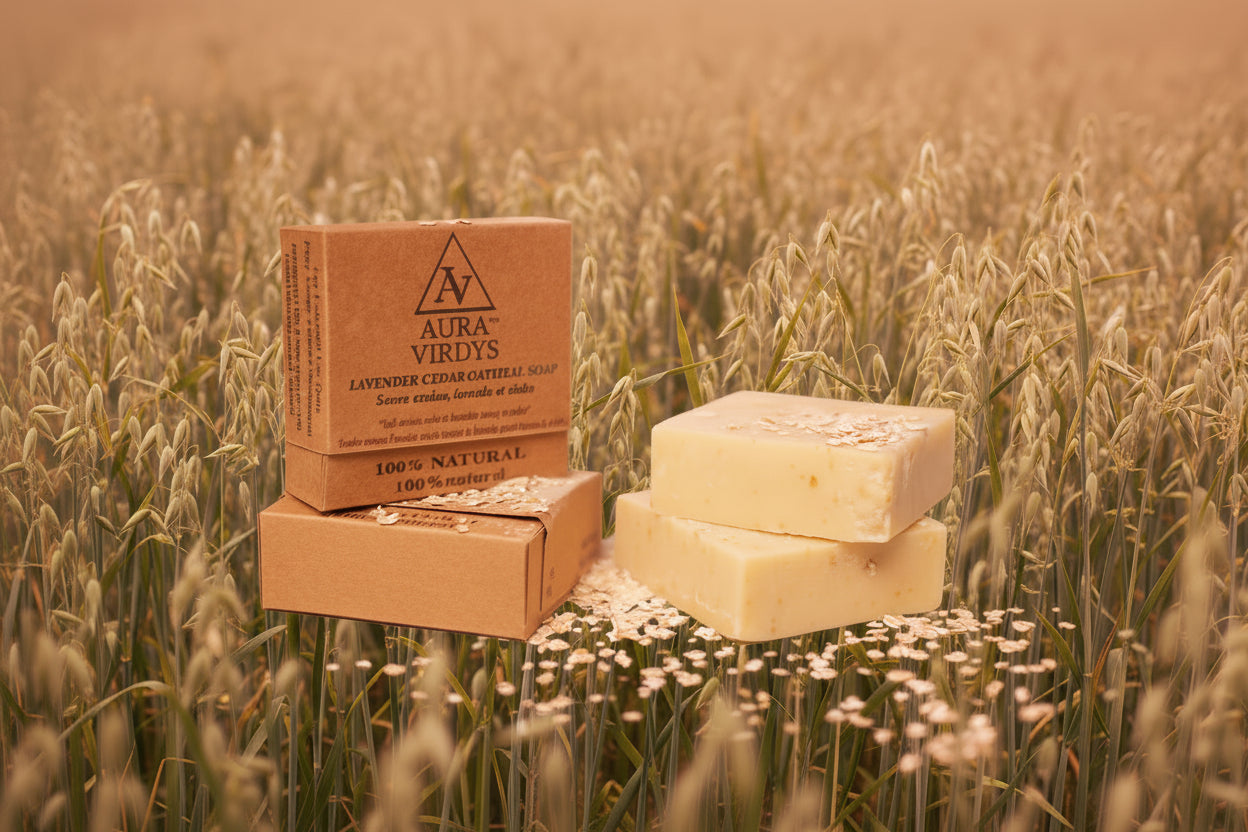 Handcrafted oatmeal lavender and cedarwood soap bar for sensitive skin.