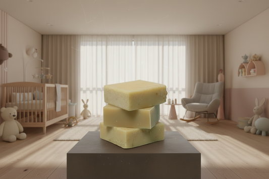 Three stacked  Aura-Virdys soap bars on a light green background