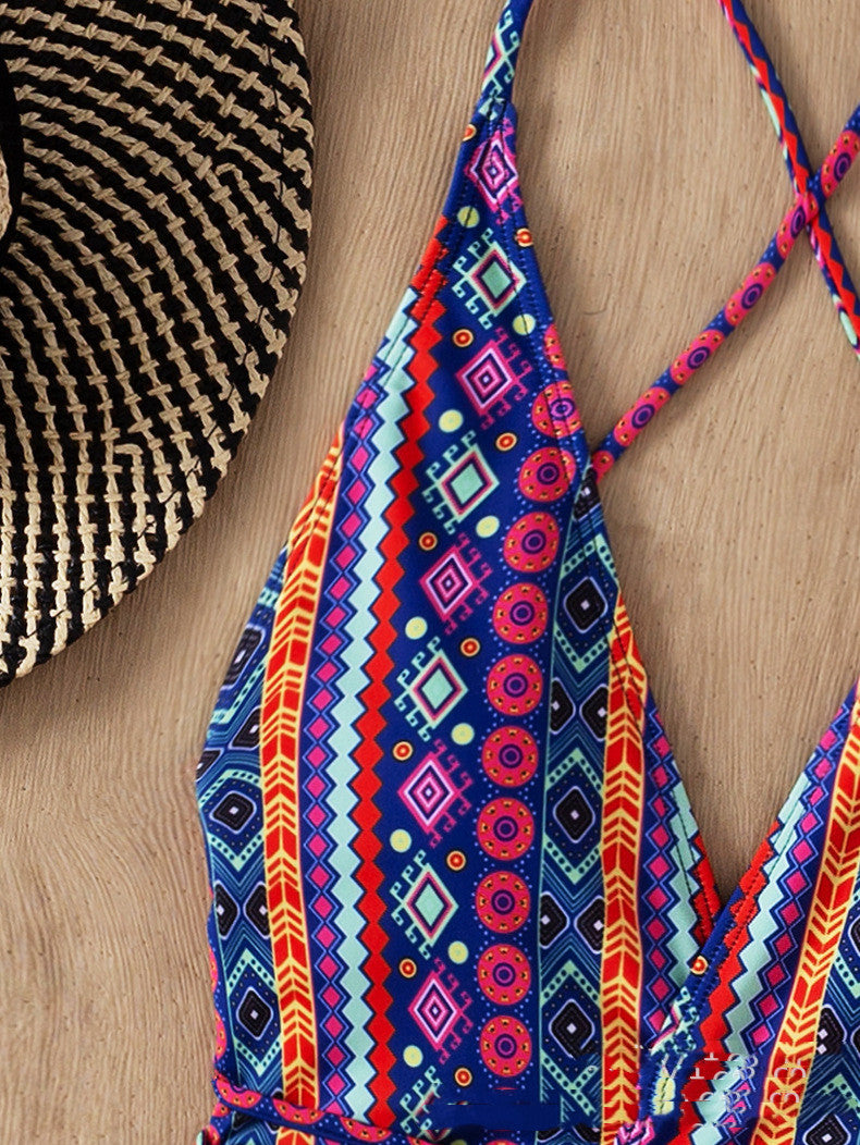New Bohemian Swimsuit Deep V Strap One-piece Swimsuit For Women