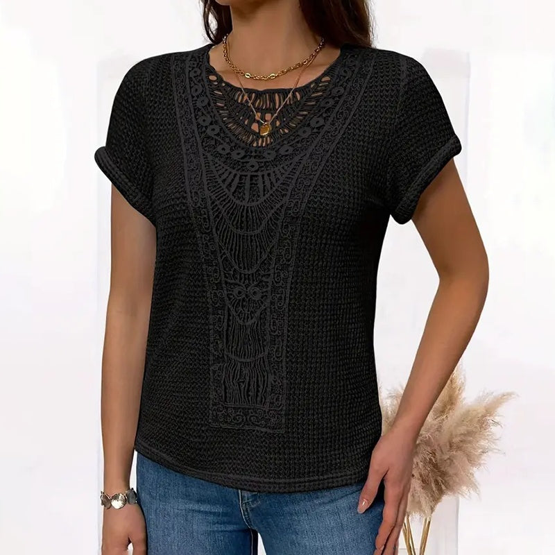Women's Lace Splicing Short Sleeve Crew Neck T-Shirt Summer Loose Fit Casual Tee Top