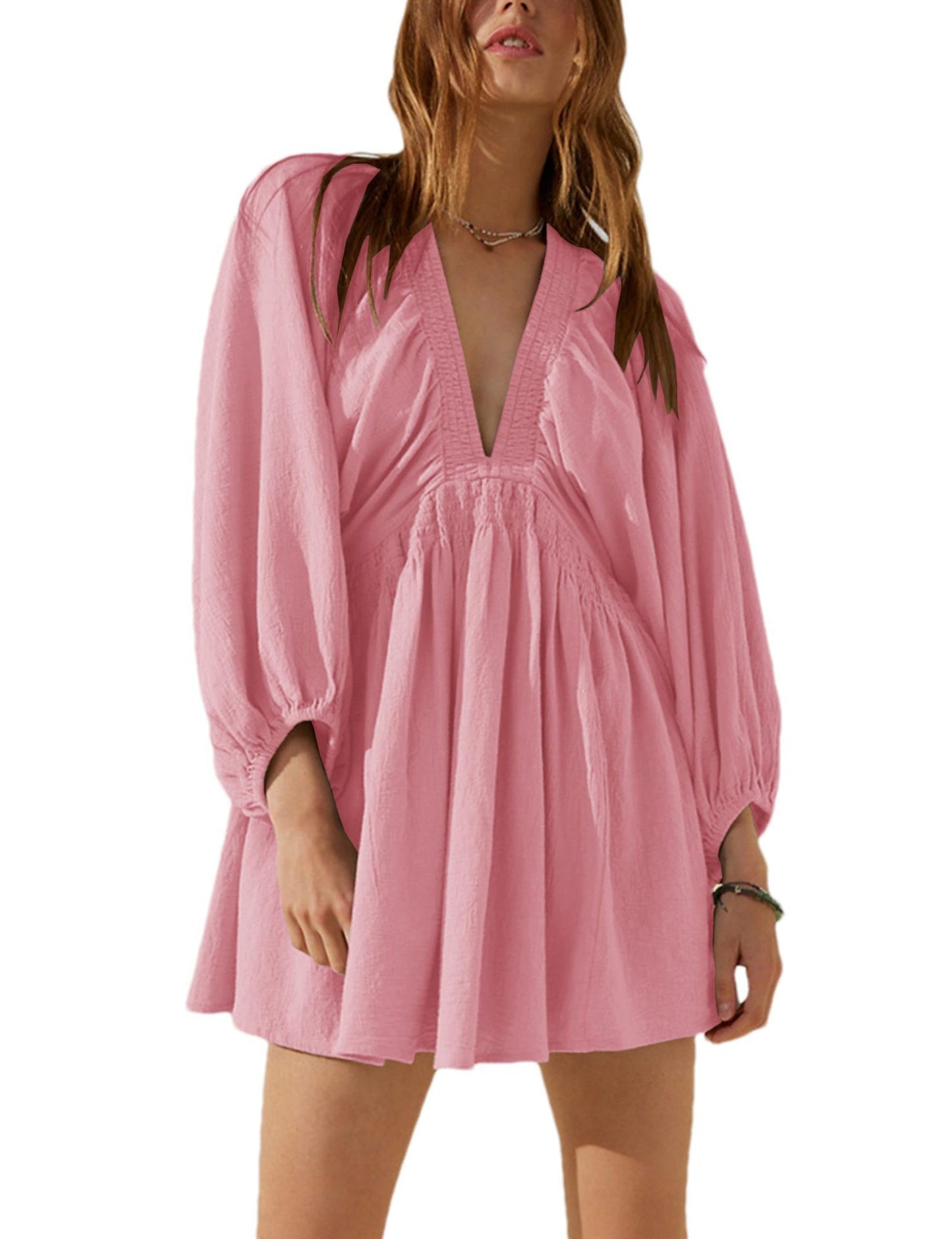 V-neck Long Sleeve Smocking Pleated Dress