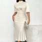 Women's Short Sleeve Mock Neck Ruched Midi Dress Slim Fit Elegant Party Dress