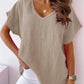 Solid Color Cotton And Linen Short-sleeved V-neck Shirt T-shirt For Women