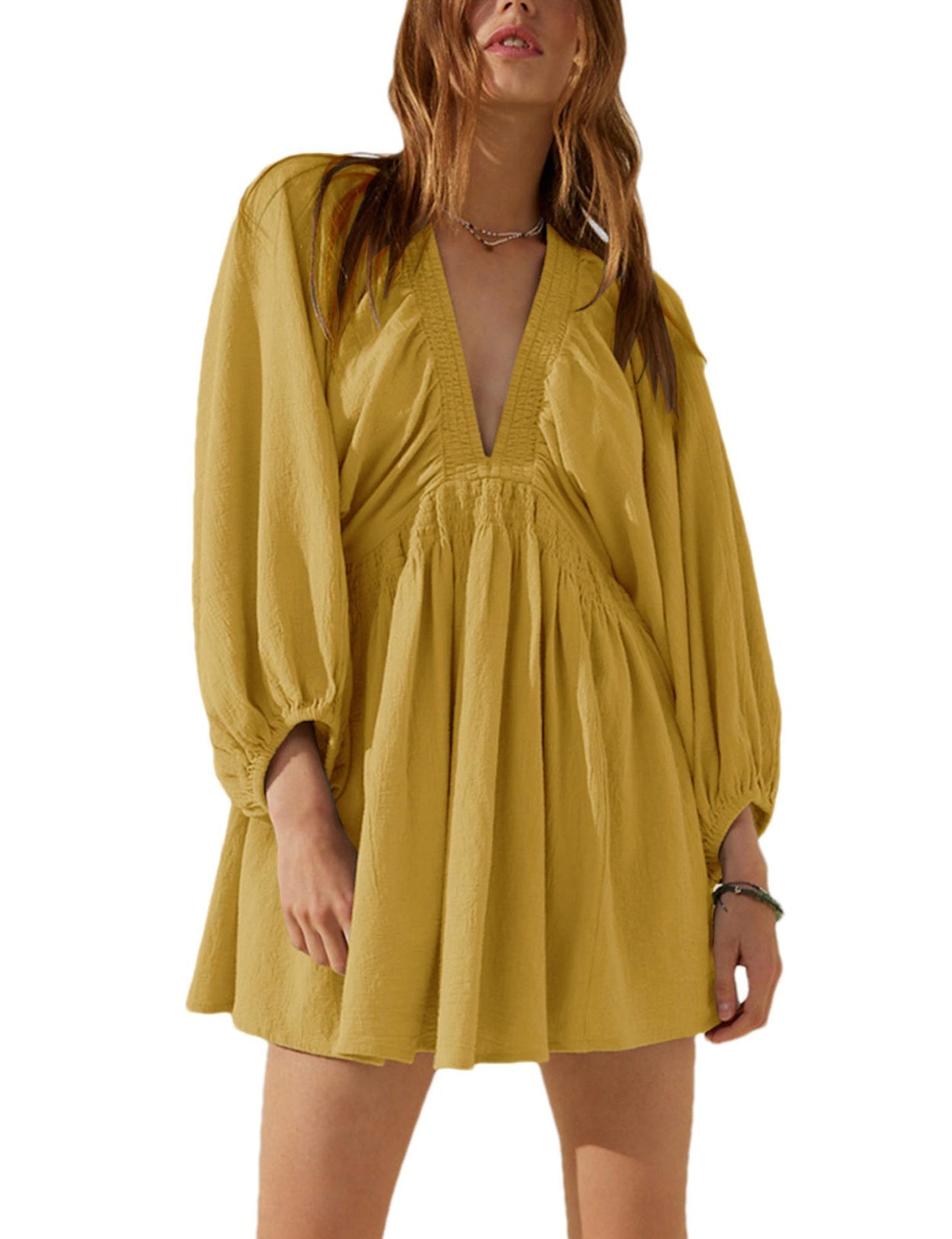 V-neck Long Sleeve Smocking Pleated Dress