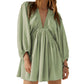 V-neck Long Sleeve Smocking Pleated Dress