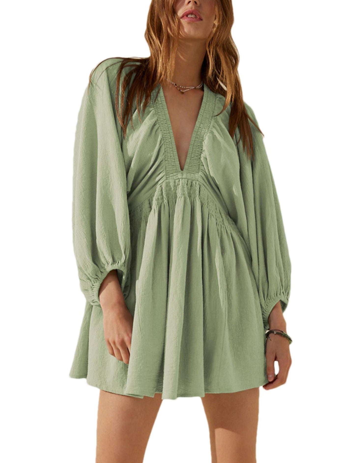 V-neck Long Sleeve Smocking Pleated Dress