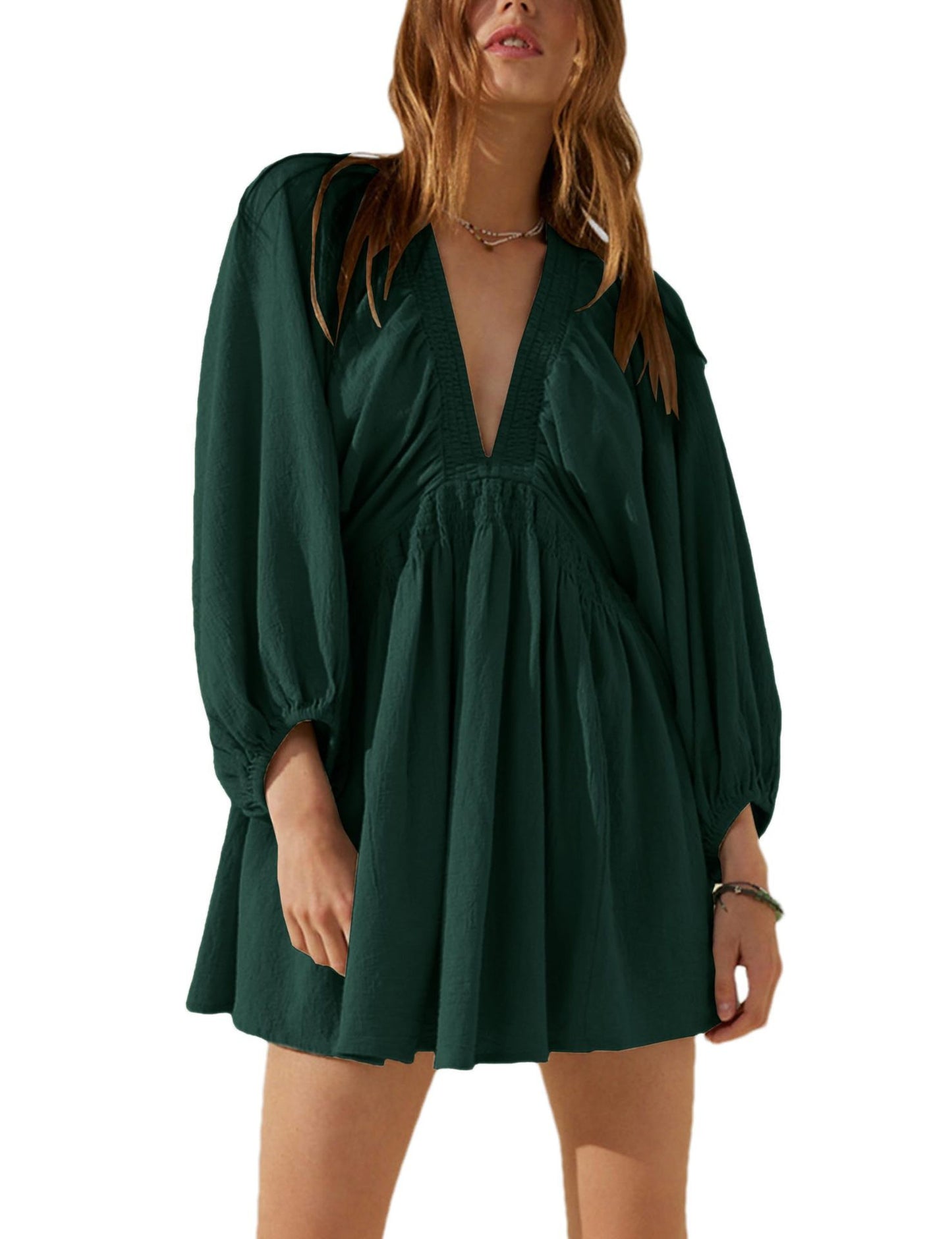 V-neck Long Sleeve Smocking Pleated Dress