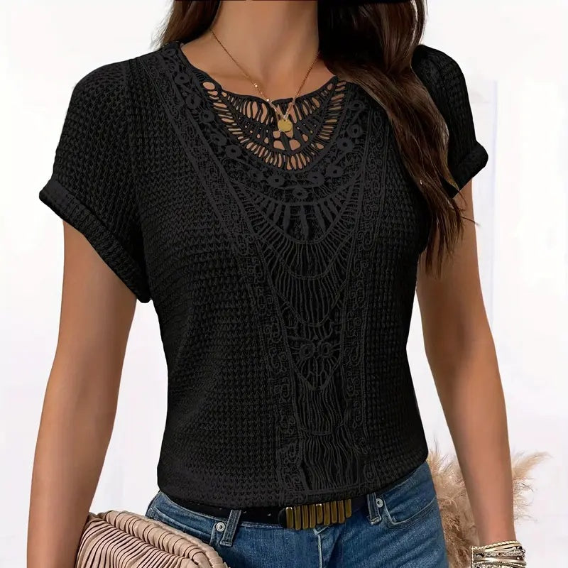 Women's Lace Splicing Short Sleeve Crew Neck T-Shirt Summer Loose Fit Casual Tee Top