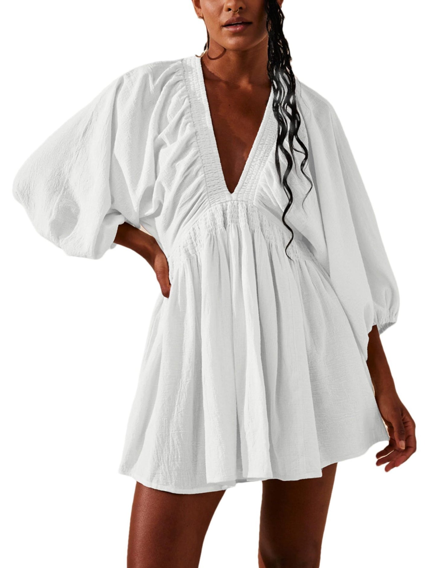 V-neck Long Sleeve Smocking Pleated Dress