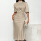 Women's Short Sleeve Mock Neck Ruched Midi Dress Slim Fit Elegant Party Dress