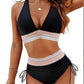 High Waisted Bikini Set With Color Blocking Drawstring Swimsuit