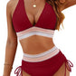 High Waisted Bikini Set With Color Blocking Drawstring Swimsuit